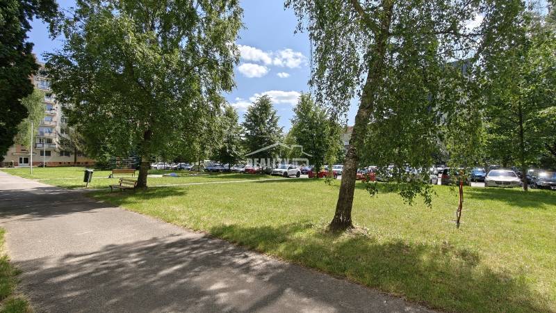 Park pri bytovom dome v Žiline s lavičkou a stromami v pozadí.